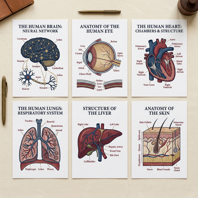 Grid of 6 premium anatomy infographic posters covering brain, eye, heart, lungs, liver, and skin systems