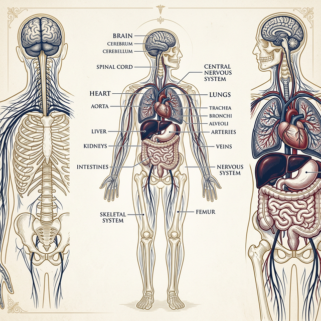 Premium anatomy infographics showing human body systems including brain, heart, lungs, and nervous system