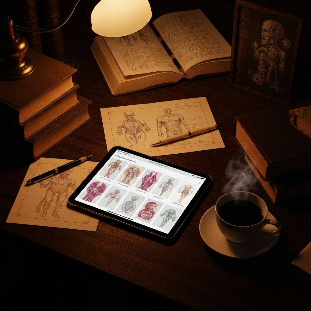 Neuroanatomy visual study notes displayed on iPad and printed on a cozy study desk